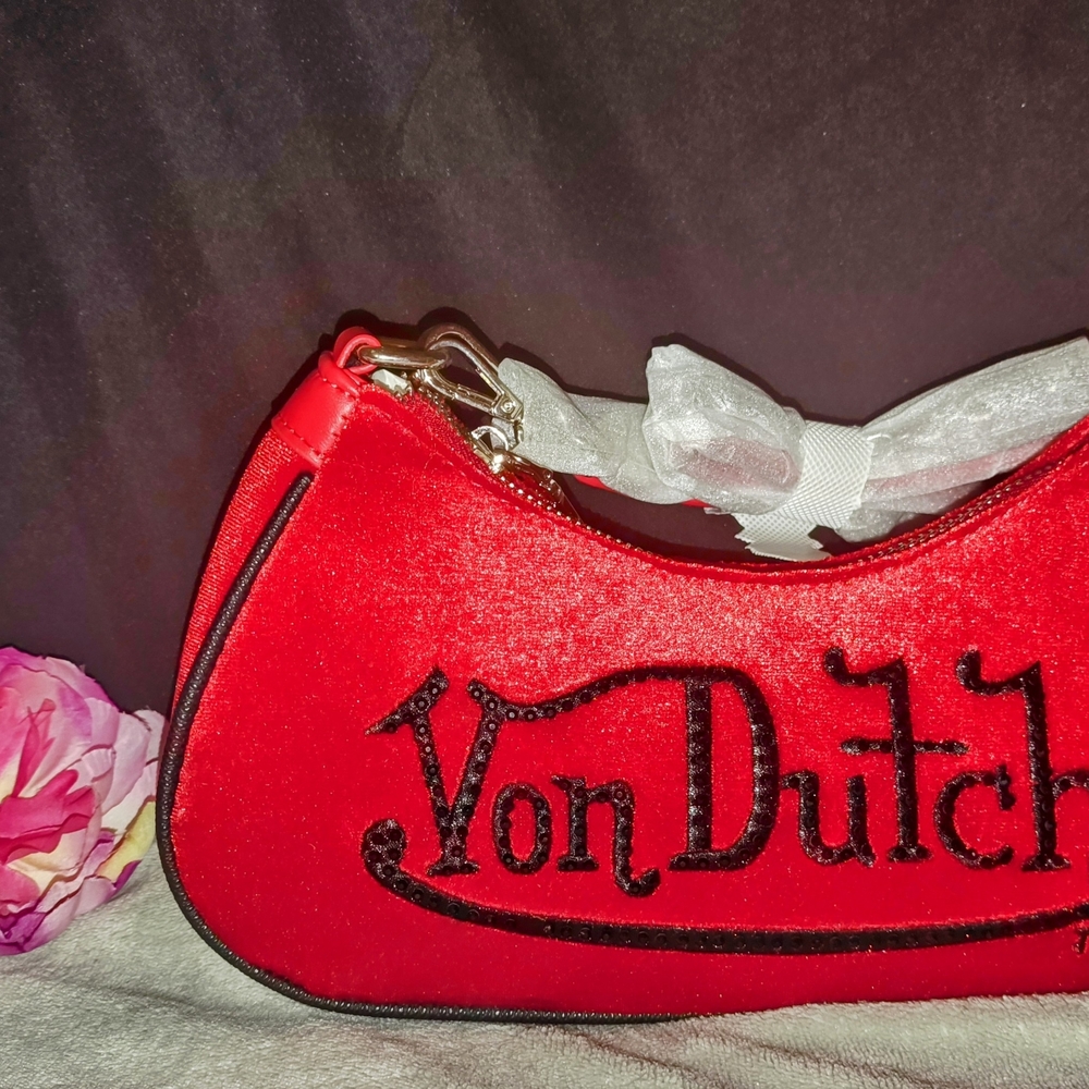 Von Dutch Red Velvet with black rhinestone shoulder bag